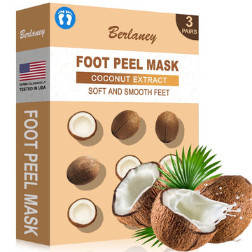 Berlaney Coconut Foot Peeling Mask, 3 Pairs of Skin Exfoliating Foot Masks for Dry feet, Cracked heels, Callus, Dead Skin Remover,for Smooth Touch Feet, Spa Experience at Home or Travel