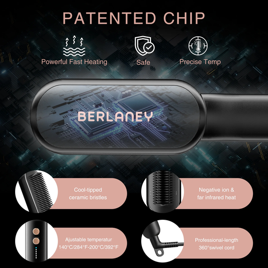 Berlaney Lonic Hair Straightener Brush With 5 Temp Adjust, Heat Protect Ceramic, Fast Heating Dual Voltage For Women Home Salon - Black